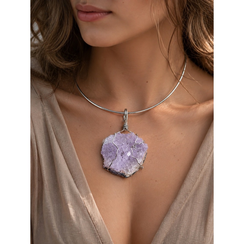 Large Rough Amethyst Druzy Geode Pendant 3" Wire Wrapped Purple Crystal